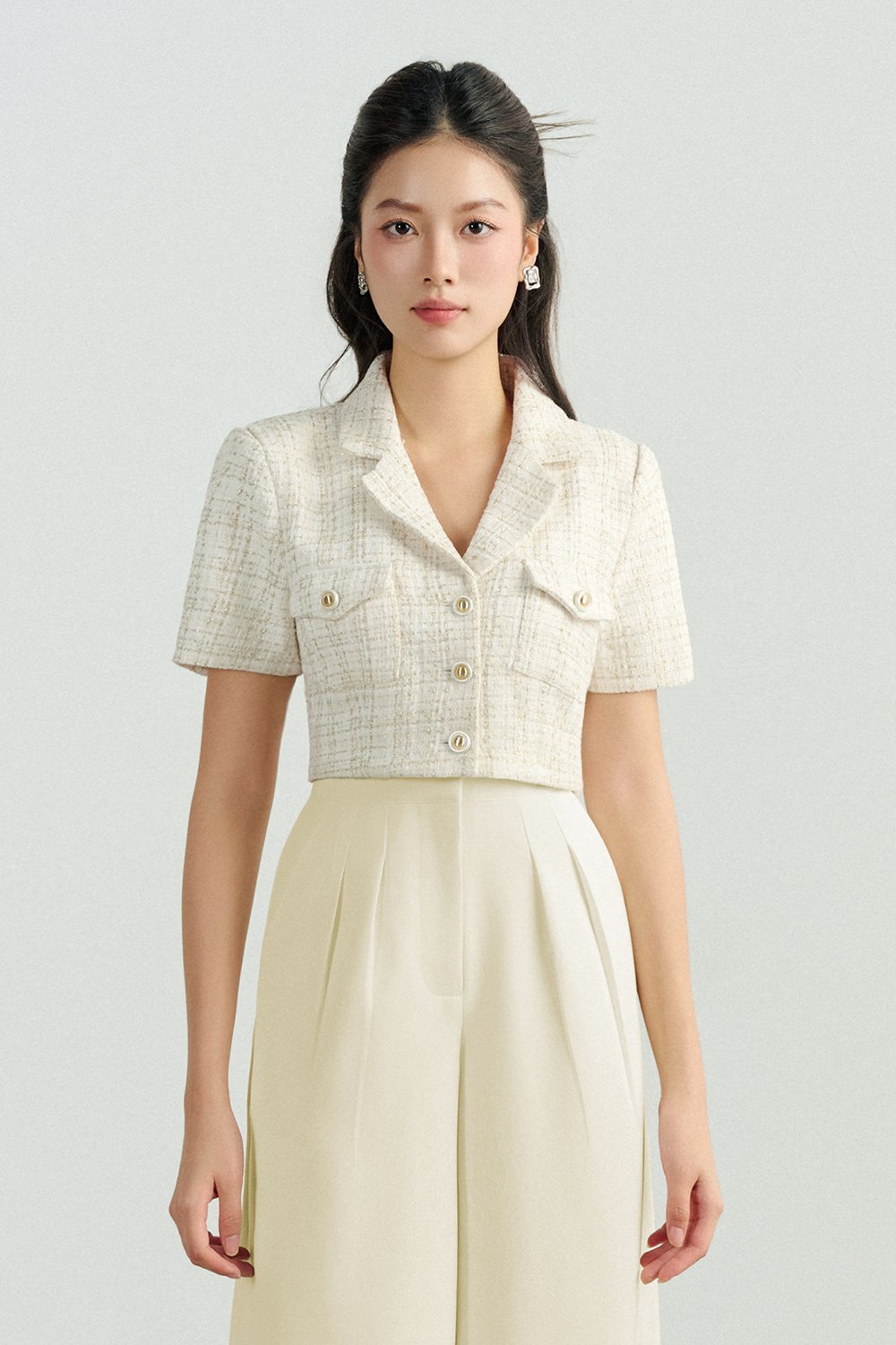 Orielle Cropped Tweed Top in White/Gold Tweed