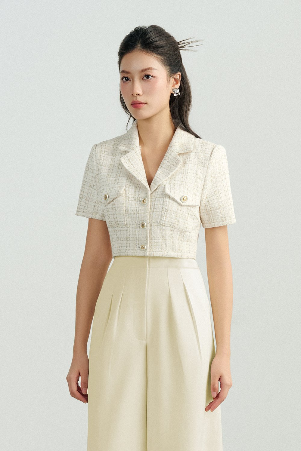 Orielle Cropped Tweed Top in White/Gold Tweed
