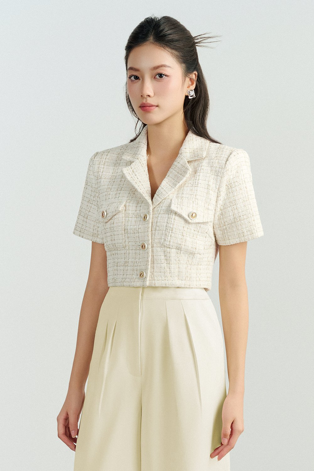 Orielle Cropped Tweed Top in White/Gold Tweed
