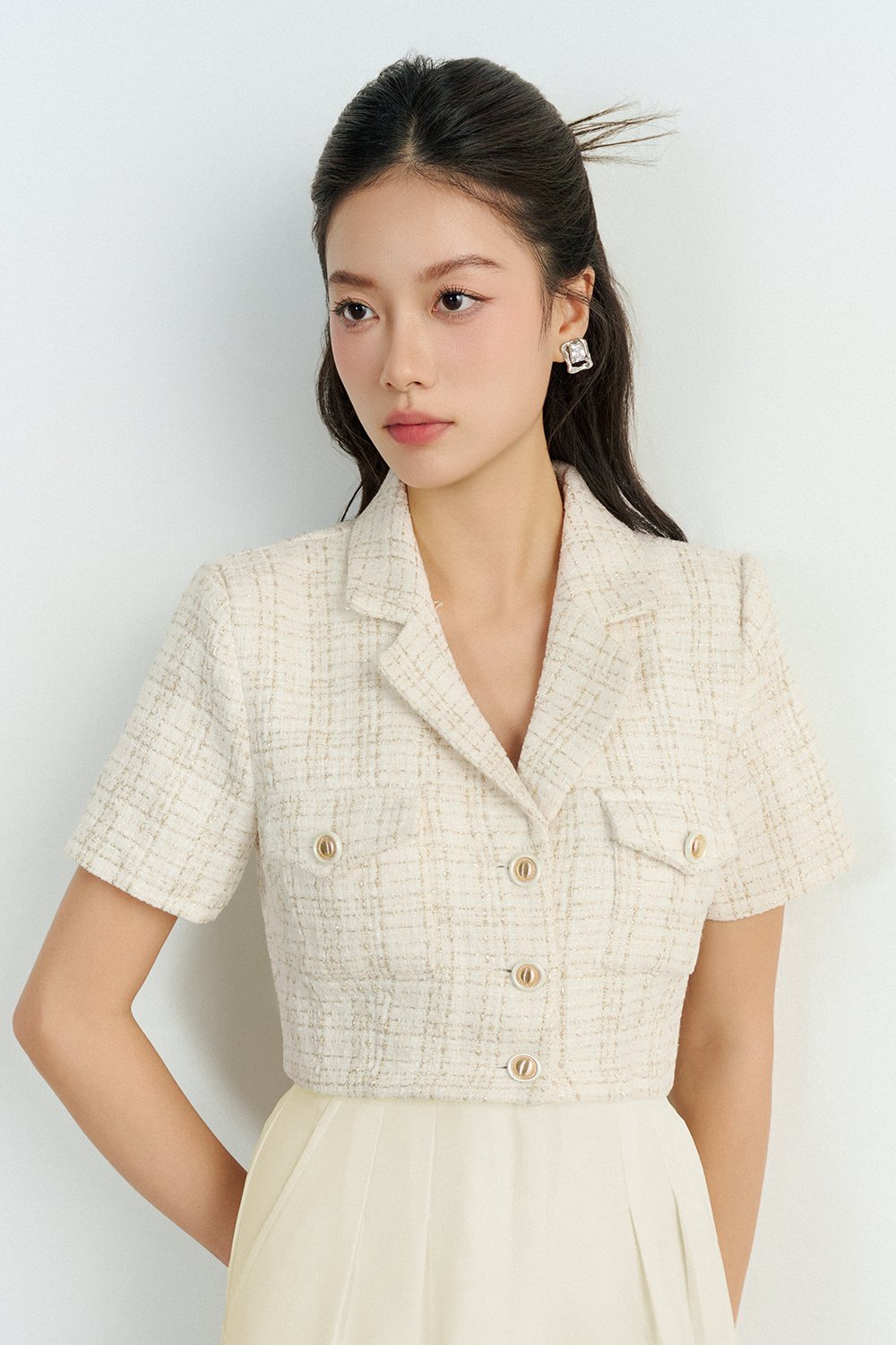 Orielle Cropped Tweed Top in White/Gold Tweed