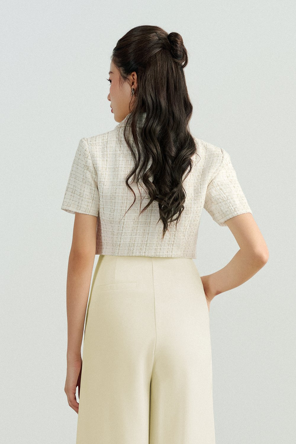 Orielle Cropped Tweed Top in White/Gold Tweed