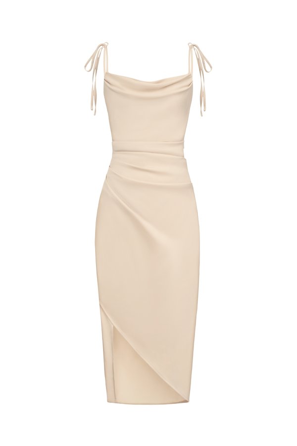 Adelaide Cowl Neck Slip Midi Dress in Champagne Glow