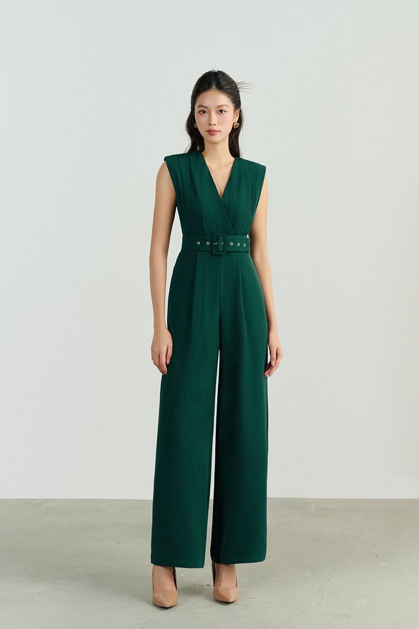 Alyse Pleated V-Neckline Jumpsuit in Forest Green