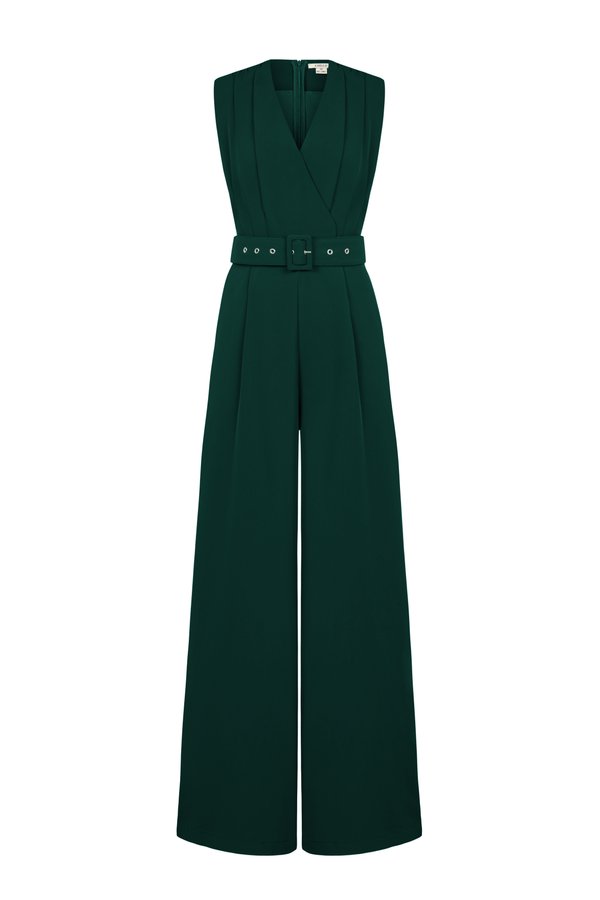 Alyse Pleated V-Neckline Jumpsuit in Forest Green