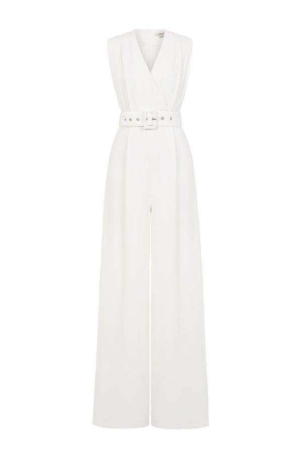 Alyse Pleated V-Neckline Jumpsuit in Iconic White