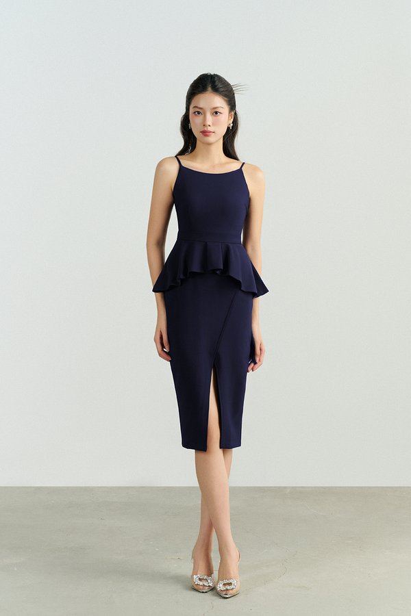 Clayre Peplum Pencil Dress in Navy Blue
