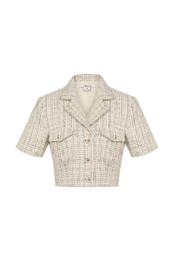 Orielle Cropped Tweed Top in Cream/Grey Tweed