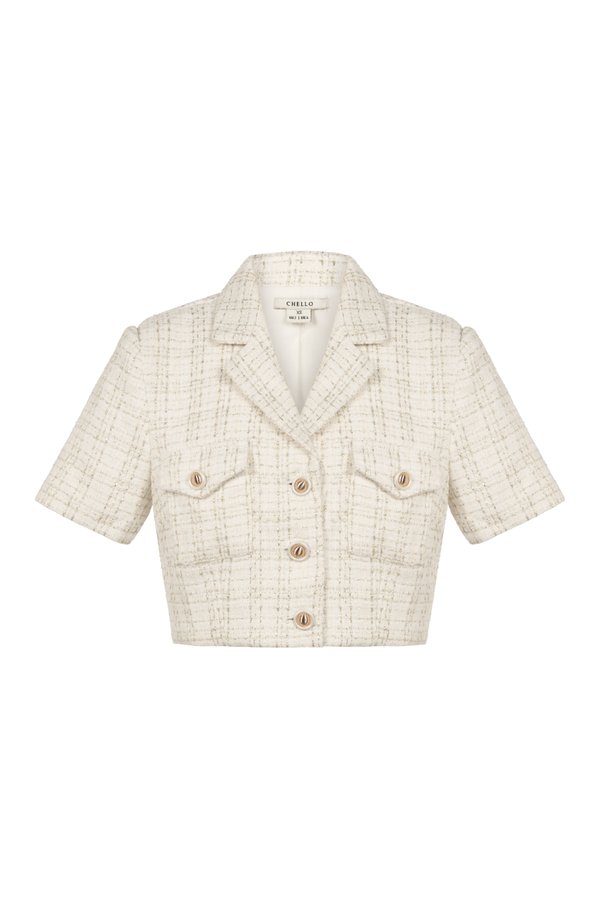 Orielle Cropped Tweed Top in White/Gold Tweed