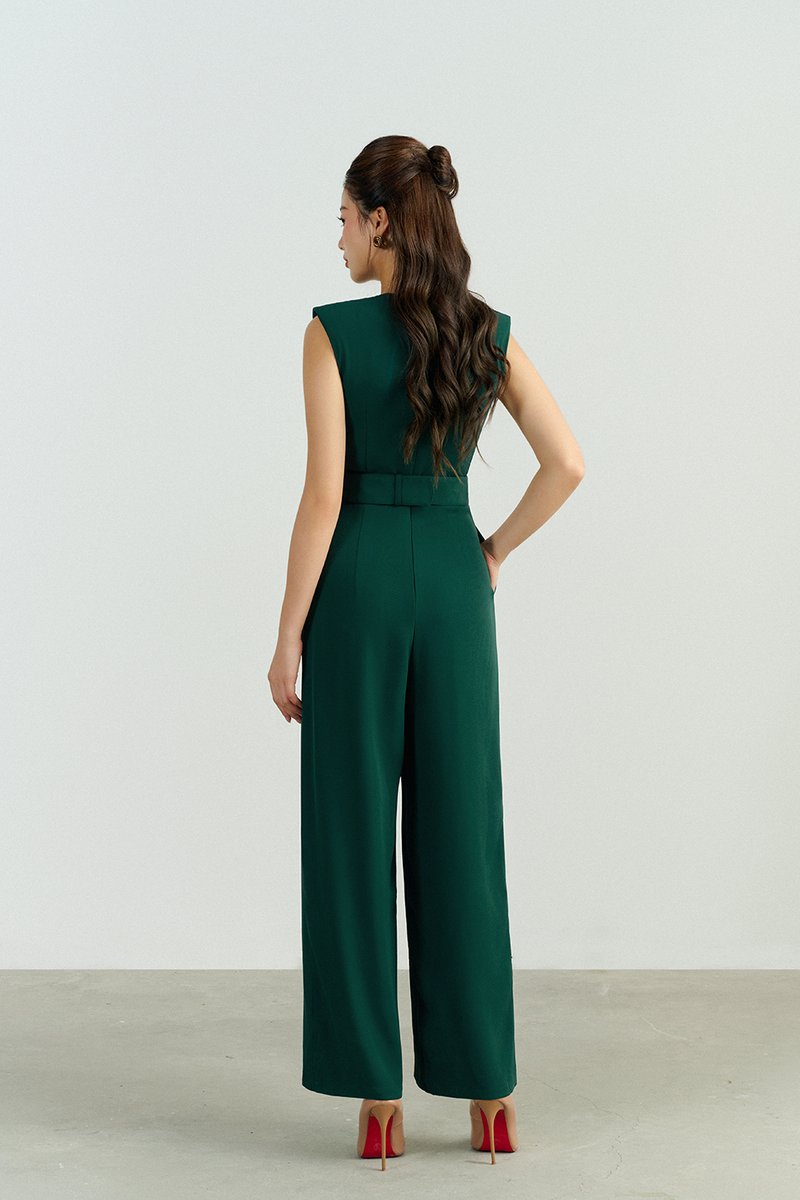 Alyse Pleated V Neckline Jumpsuit in Forest Green Chello
