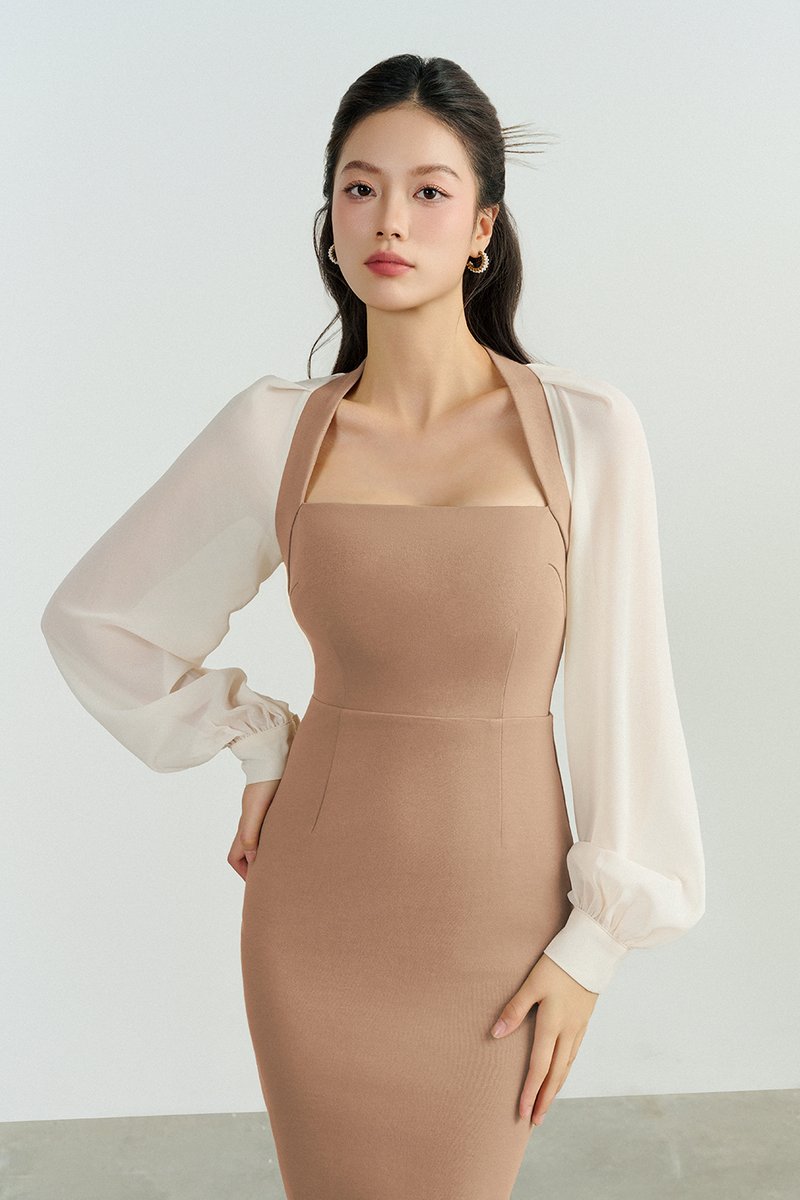 Eisley Chiffon Sleeves Pencil Padded Dress in Rose Tan Chello