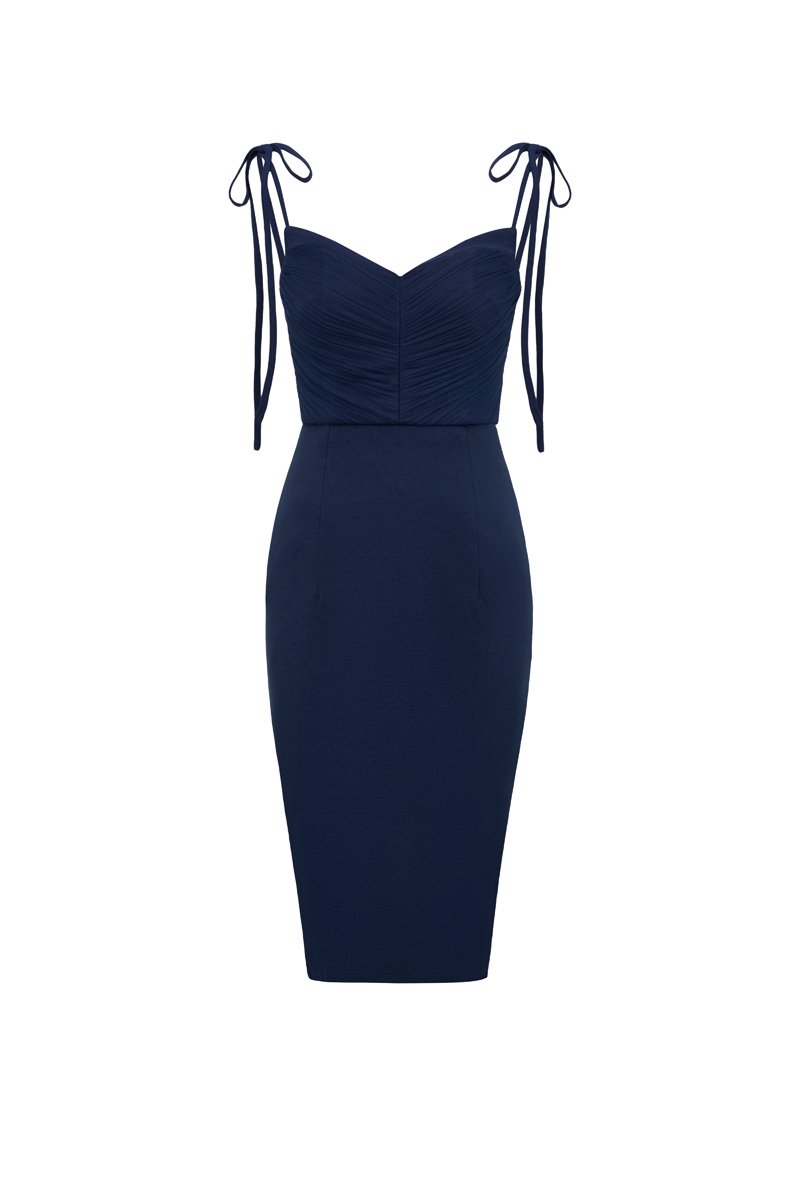 &Eacute;clair Pleated Tulle Bodice Ribbon Straps Pencil Dress in Eclipse Blue