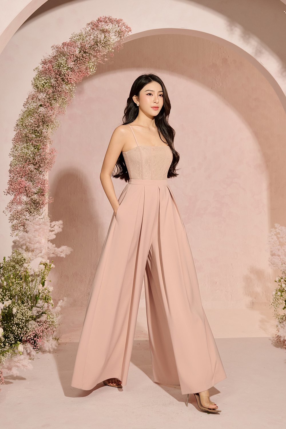 Astrid Lace Bodice Jumpsuit in Nude Blush