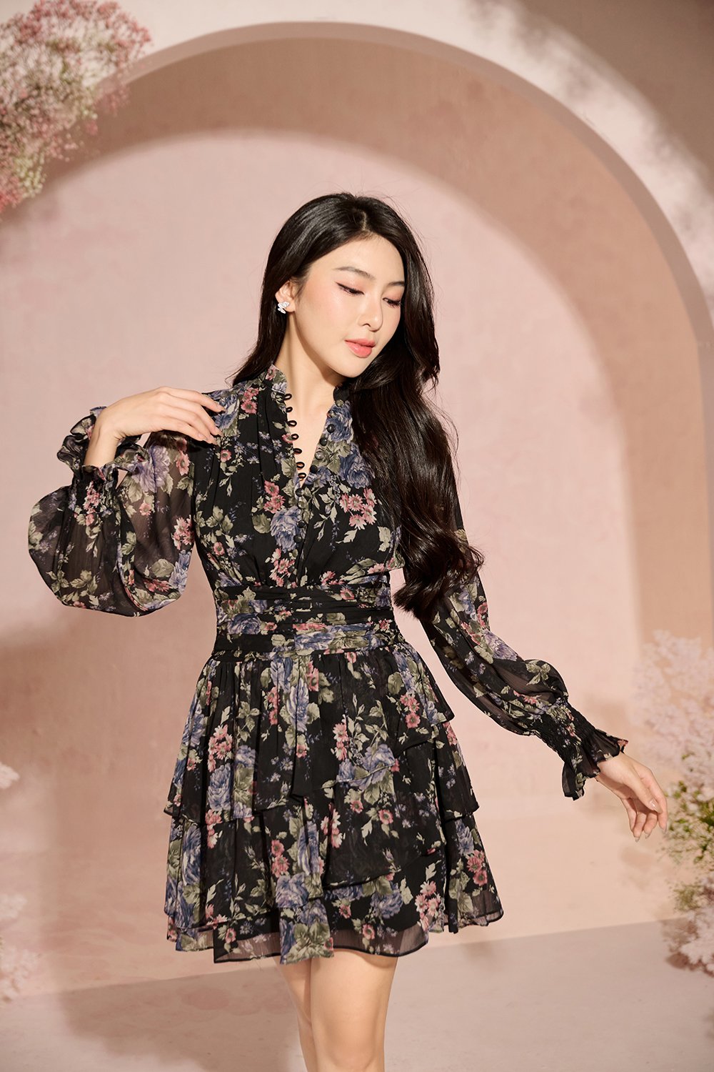 Azure Billowy Sleeves Tiered Mini Dress in Eclipse Blooms