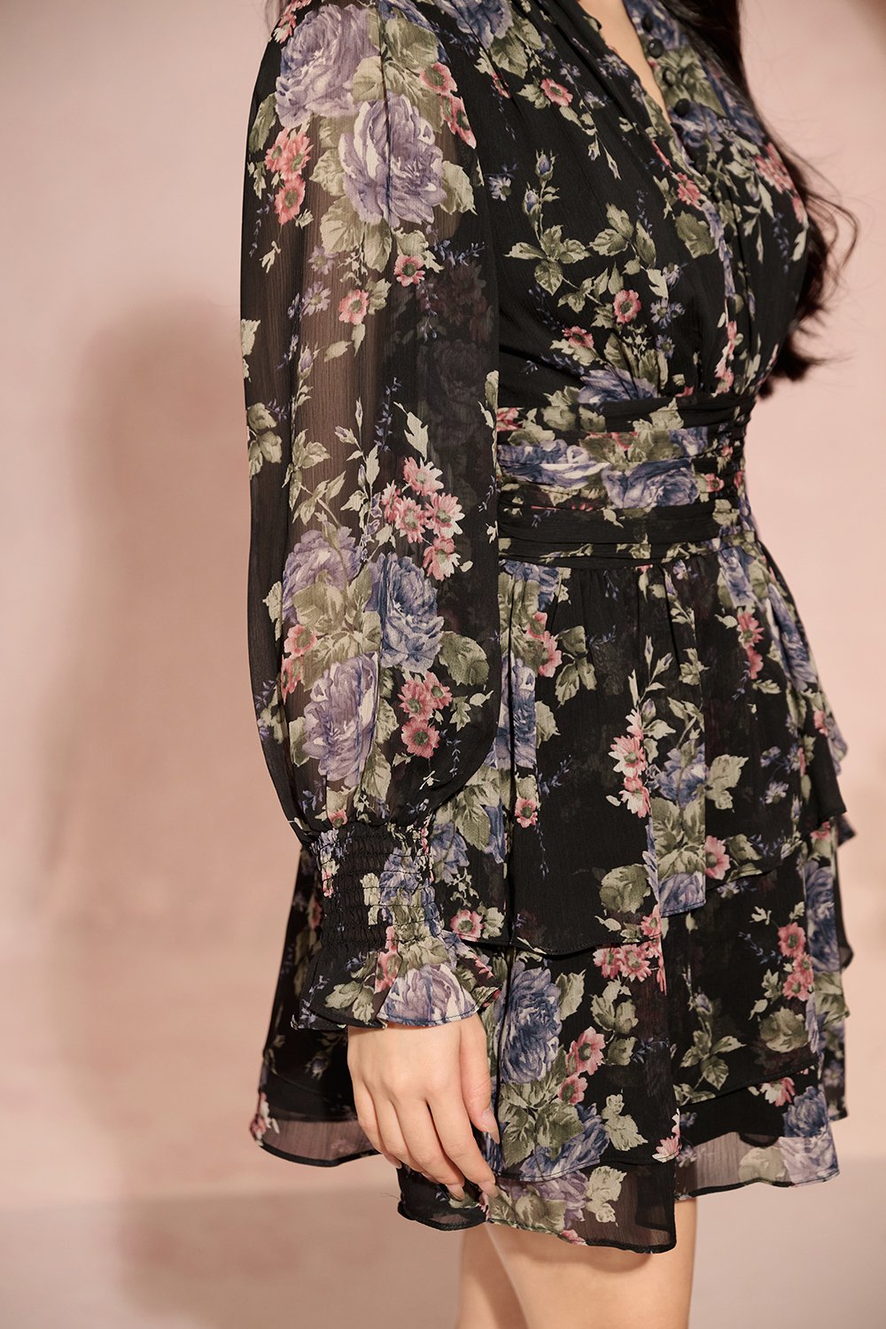 Azure Billowy Sleeves Tiered Mini Dress in Eclipse Blooms