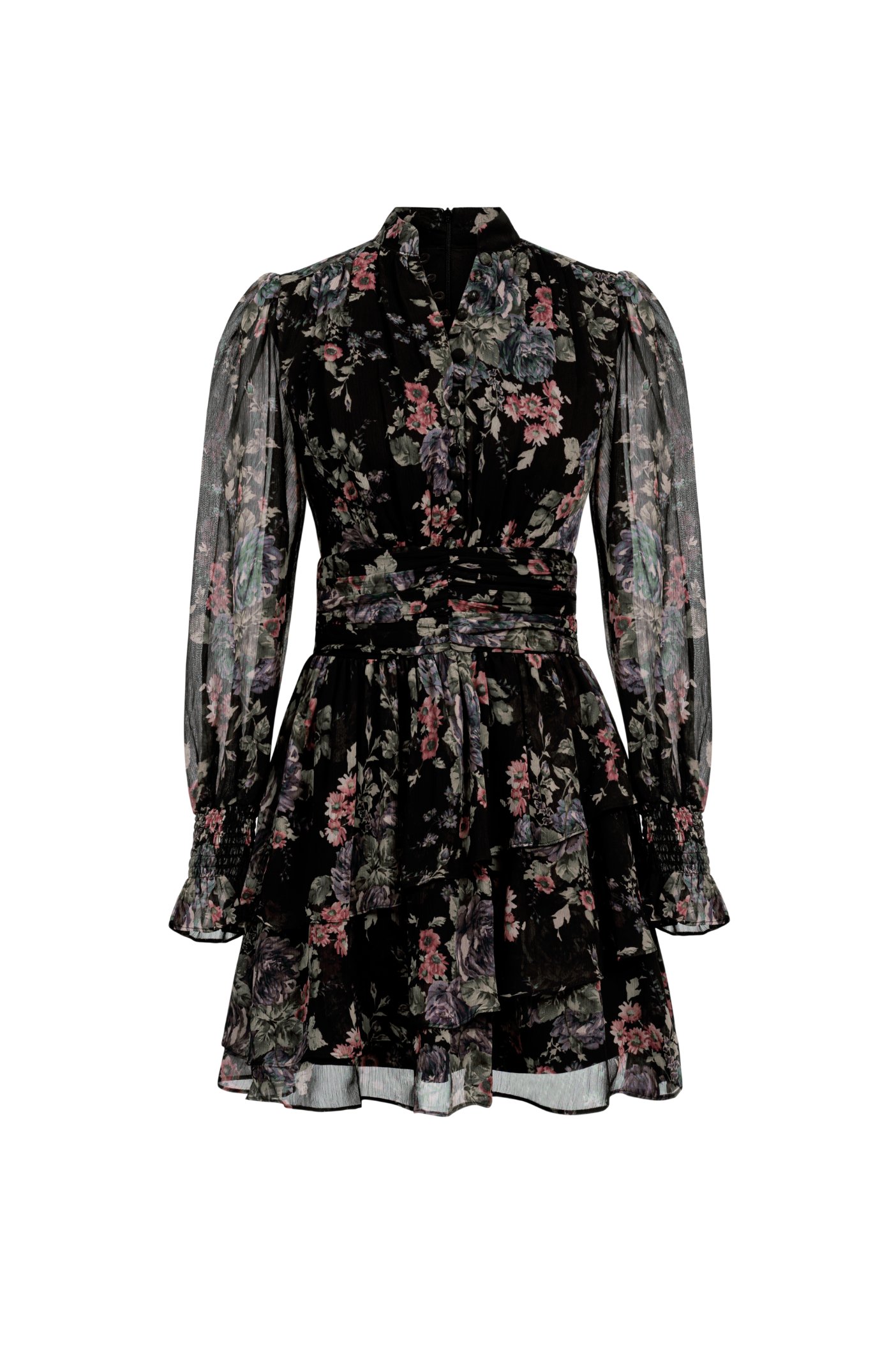 Azure Billowy Sleeves Tiered Mini Dress in Eclipse Blooms