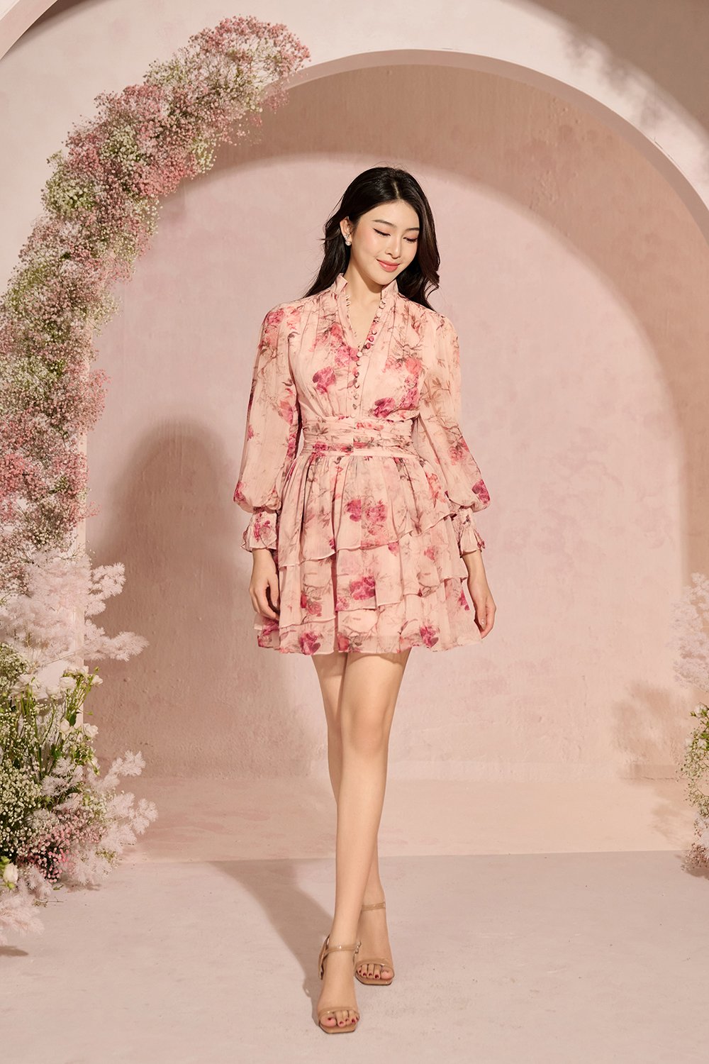 Azure Billowy Sleeves Tiered Mini Dress in Vintage Rosewood