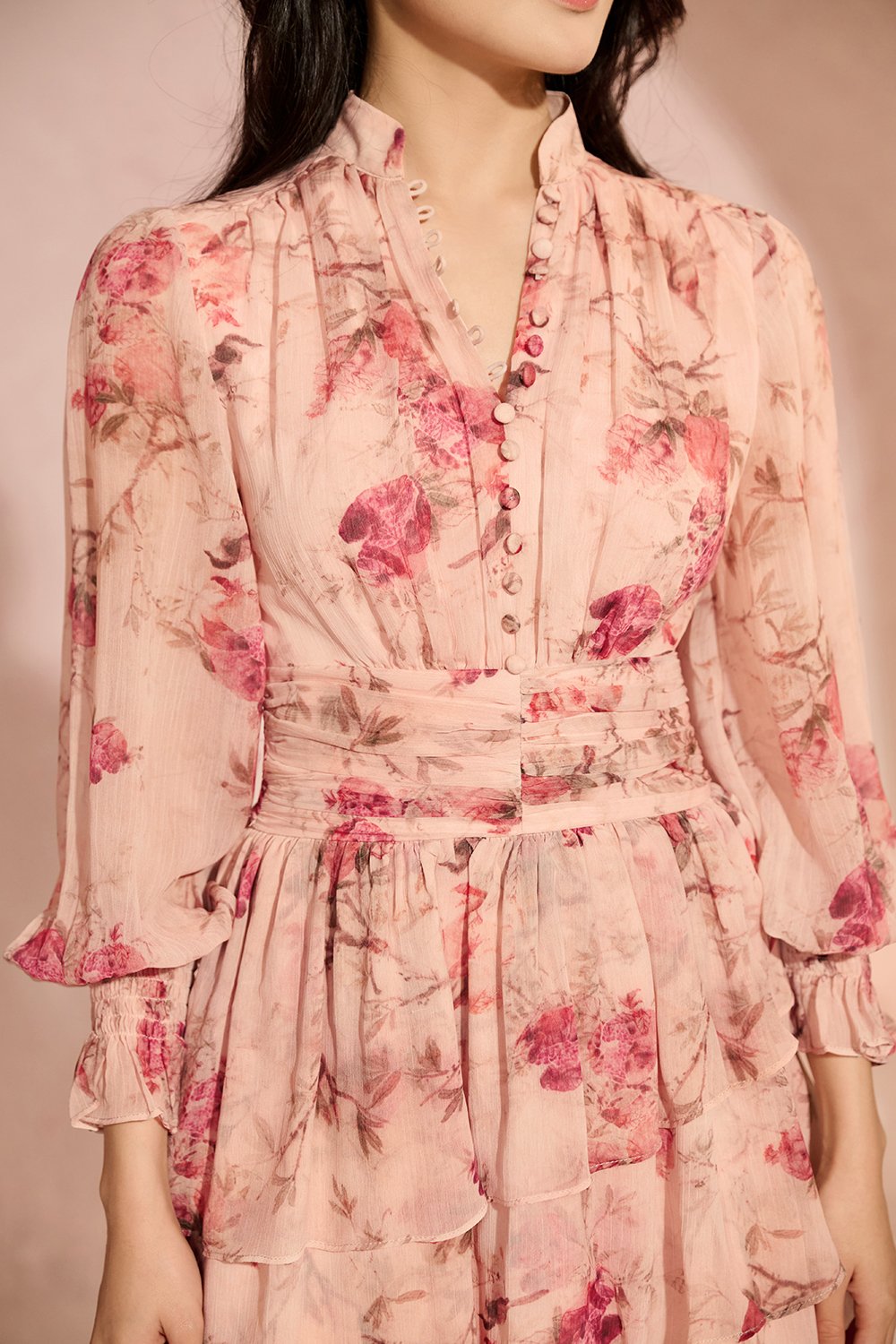 Azure Billowy Sleeves Tiered Mini Dress in Vintage Rosewood