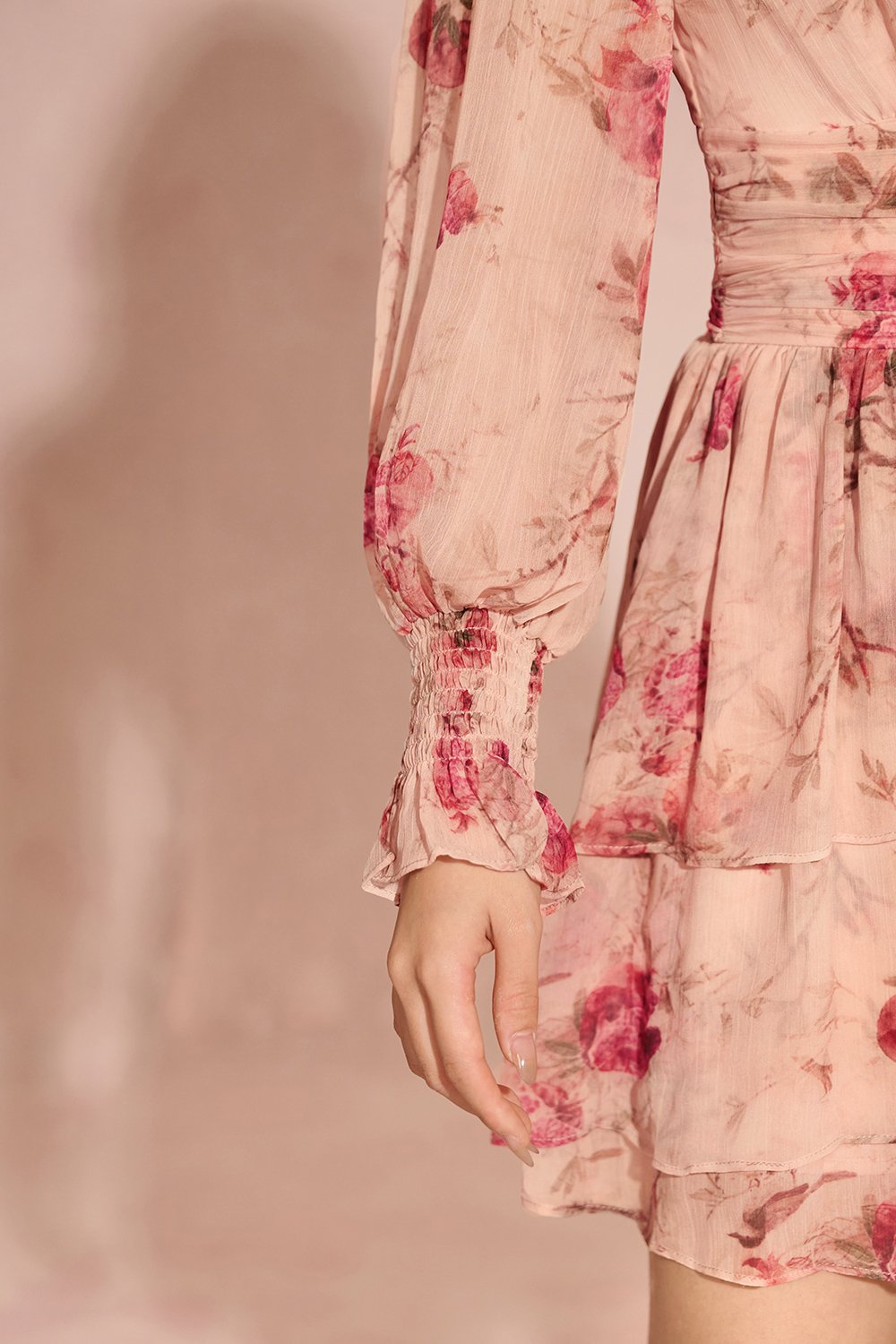 Azure Billowy Sleeves Tiered Mini Dress in Vintage Rosewood