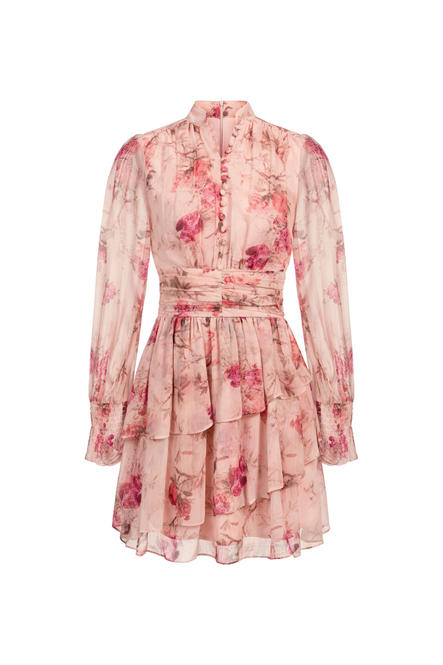 Azure Billowy Sleeves Tiered Mini Dress in Vintage Rosewood