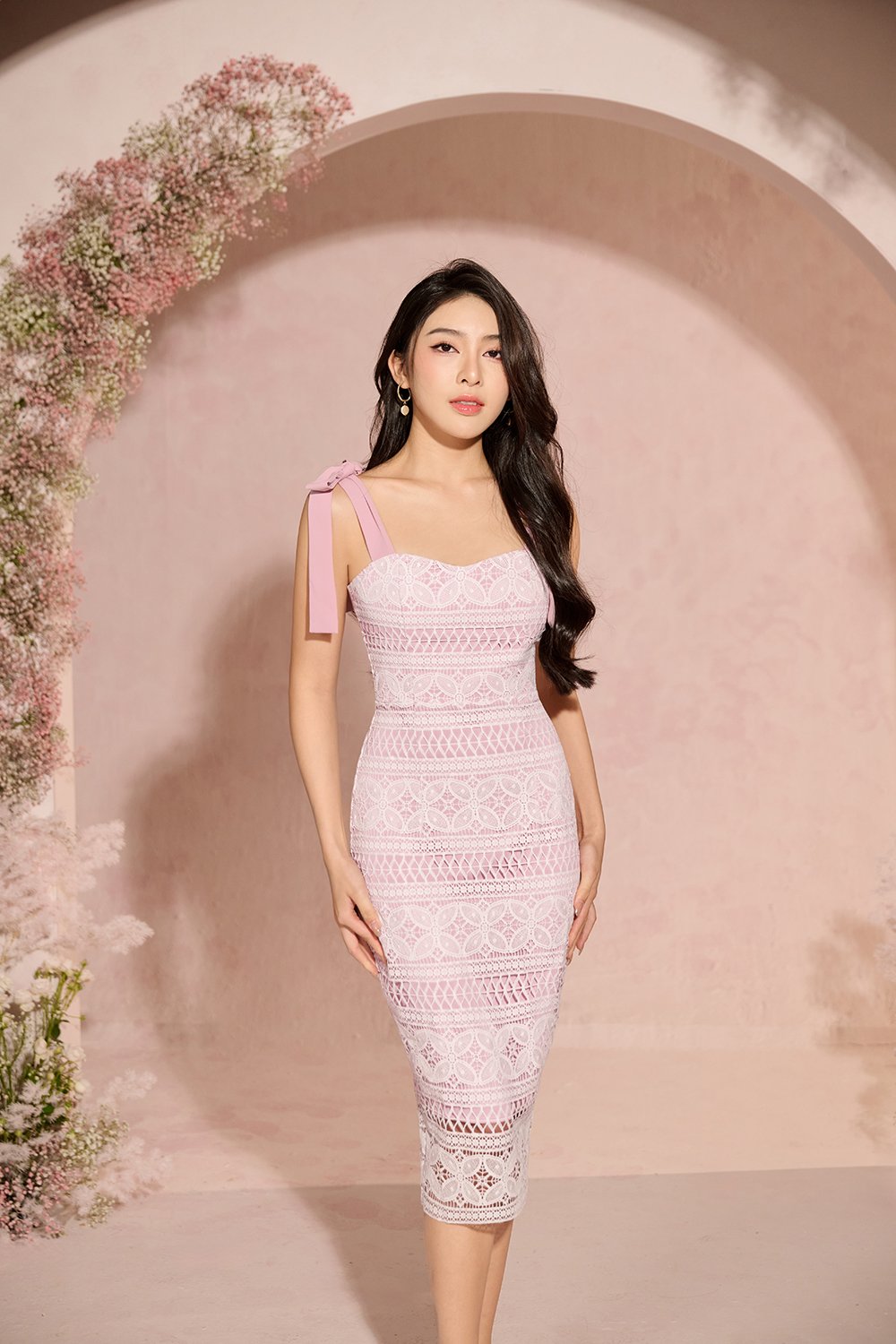 Catiana Ribbon Strap Fitted Crochet Dress in Iconic White/Powder Rose&nbsp;