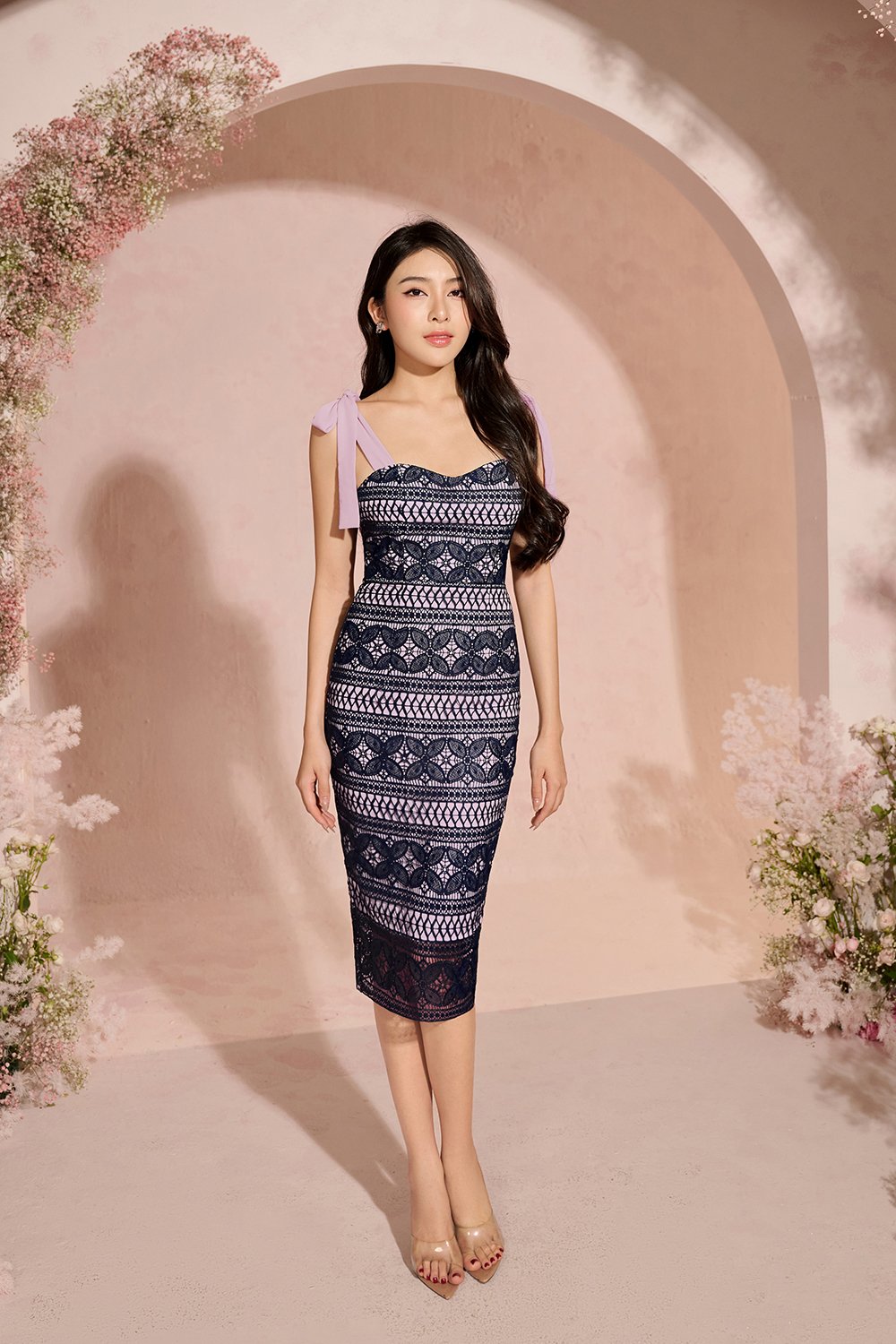 Catiana Ribbon Strap Fitted Crochet Dress in Navy Blue/Lilac