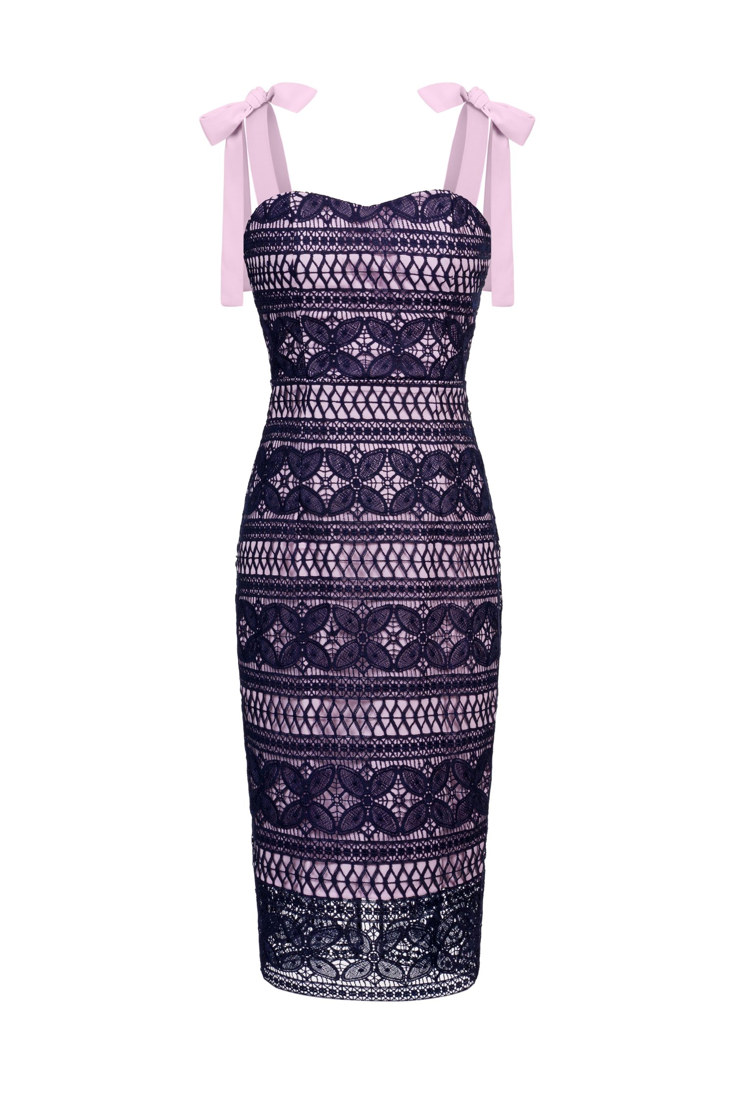 Catiana Ribbon Strap Fitted Crochet Dress in Navy Blue/Lilac