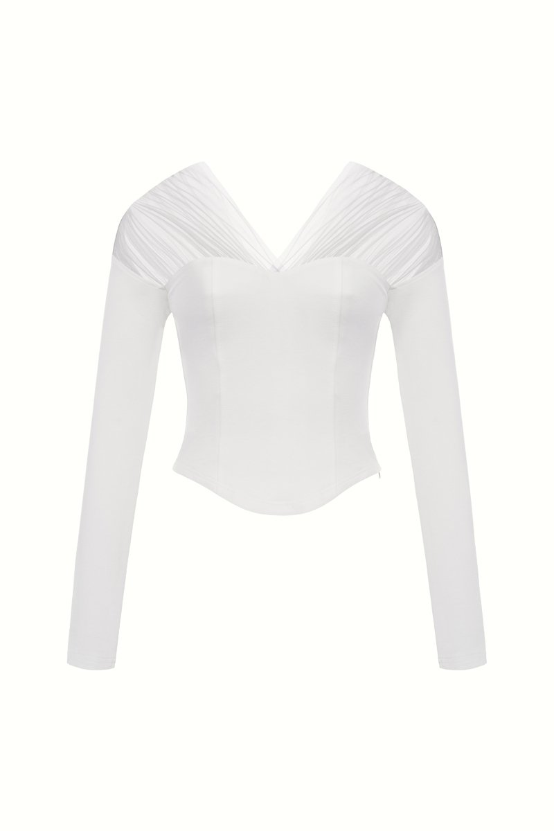 Celestine Padded 2-Way Long Sleeves Top in Iconic White