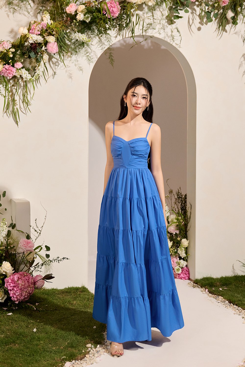 Ceres Diamond Pleated Maxi Dress in Sapphire Blue