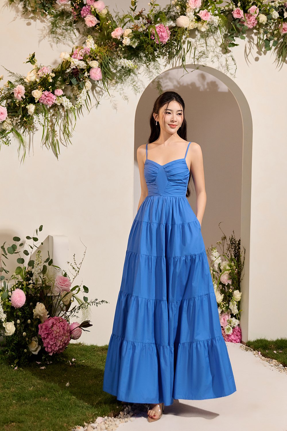 Ceres Diamond Pleated Maxi Dress in Sapphire Blue