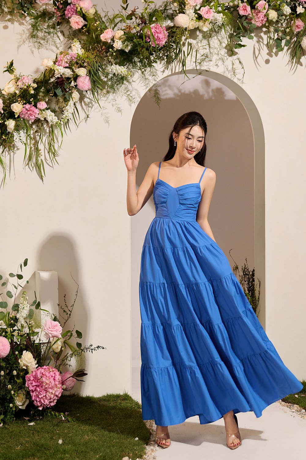 Ceres Diamond Pleated Maxi Dress in Sapphire Blue