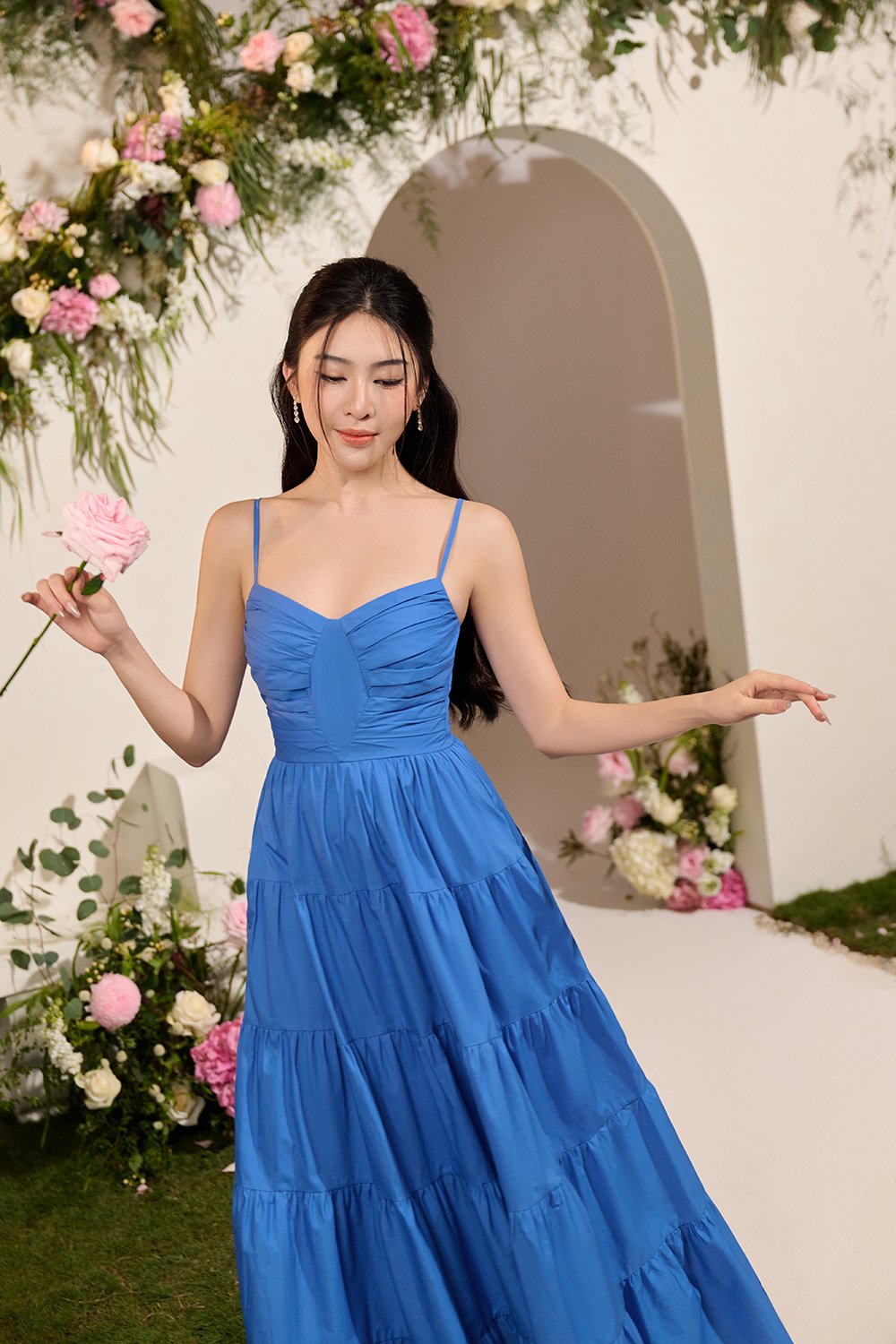 Ceres Diamond Pleated Maxi Dress in Sapphire Blue