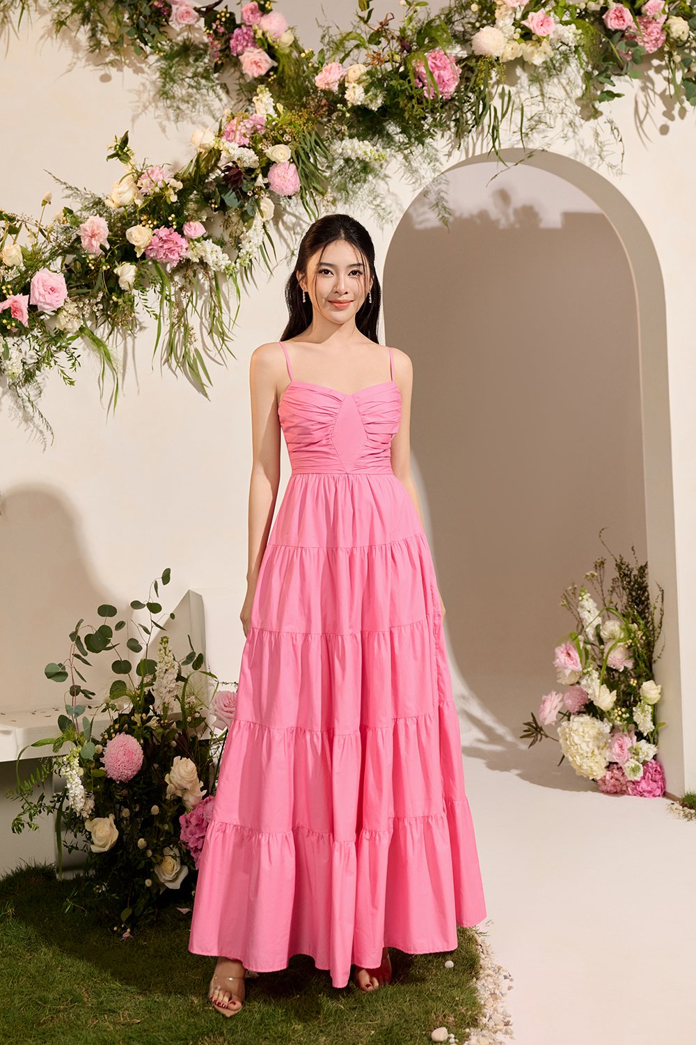 Ceres Diamond Pleated Maxi Dress in Taffy Pink