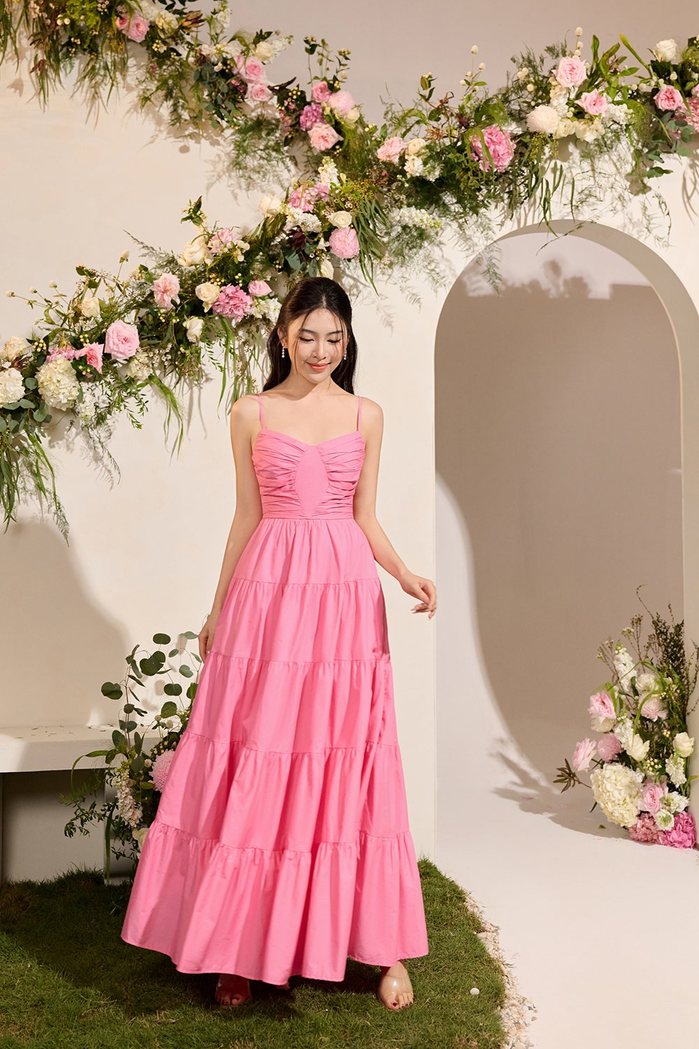 Ceres Diamond Pleated Maxi Dress in Taffy Pink