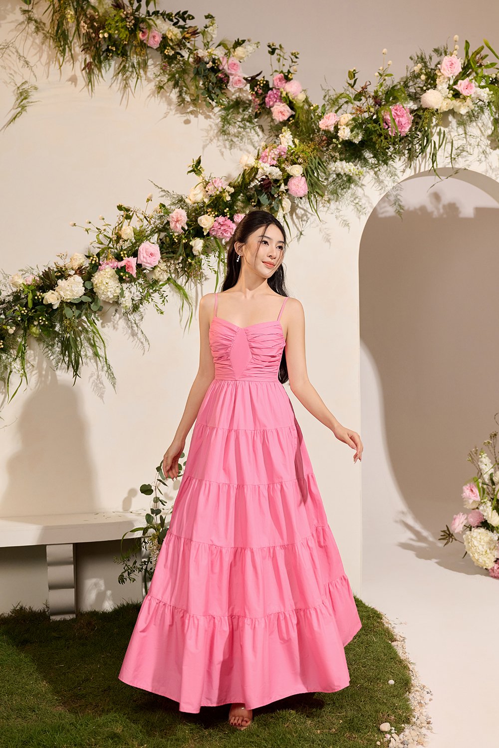 Ceres Diamond Pleated Maxi Dress in Taffy Pink