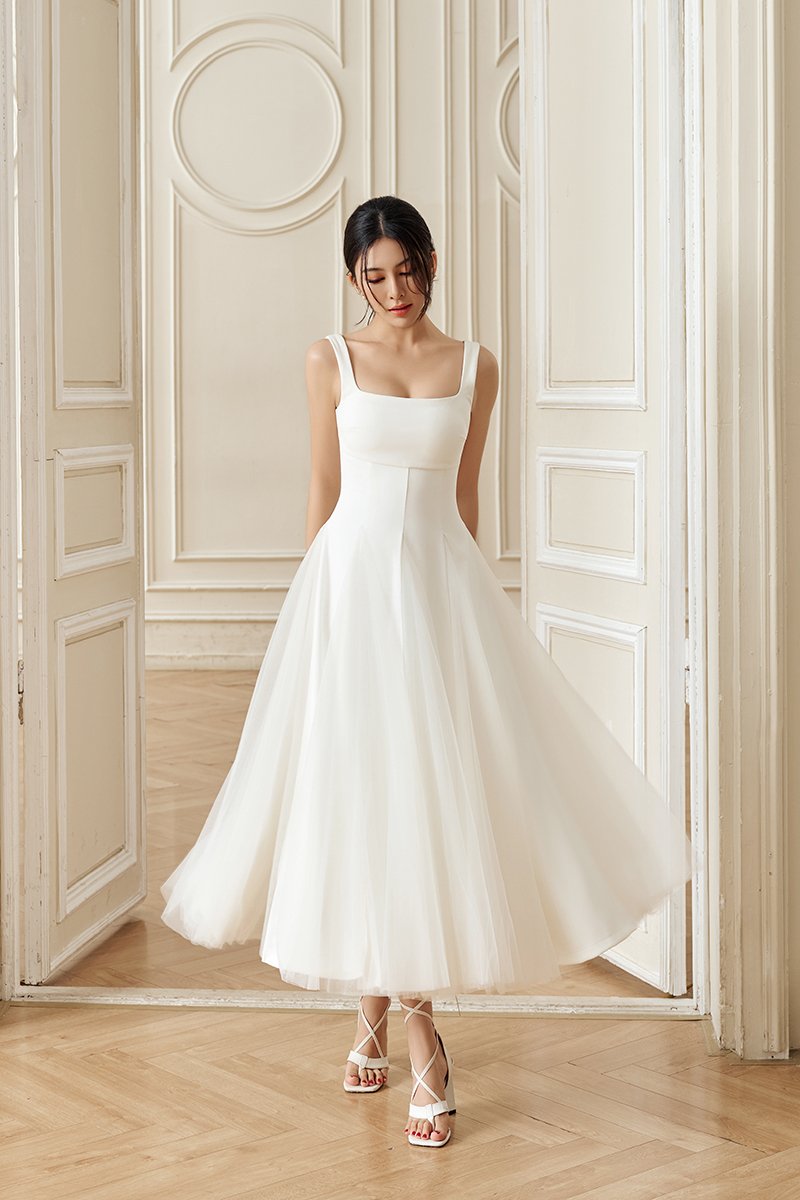 Clarisse Padded Tulle Midi Dress in Iconic White