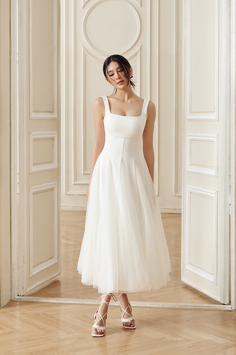 Clarisse Padded Tulle Midi Dress in Iconic White