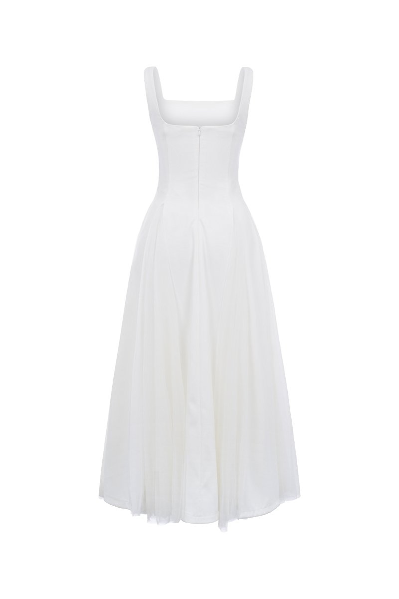 Clarisse Padded Tulle Midi Dress in Iconic White