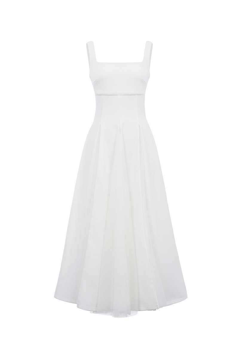 Clarisse Padded Tulle Midi Dress in Iconic White
