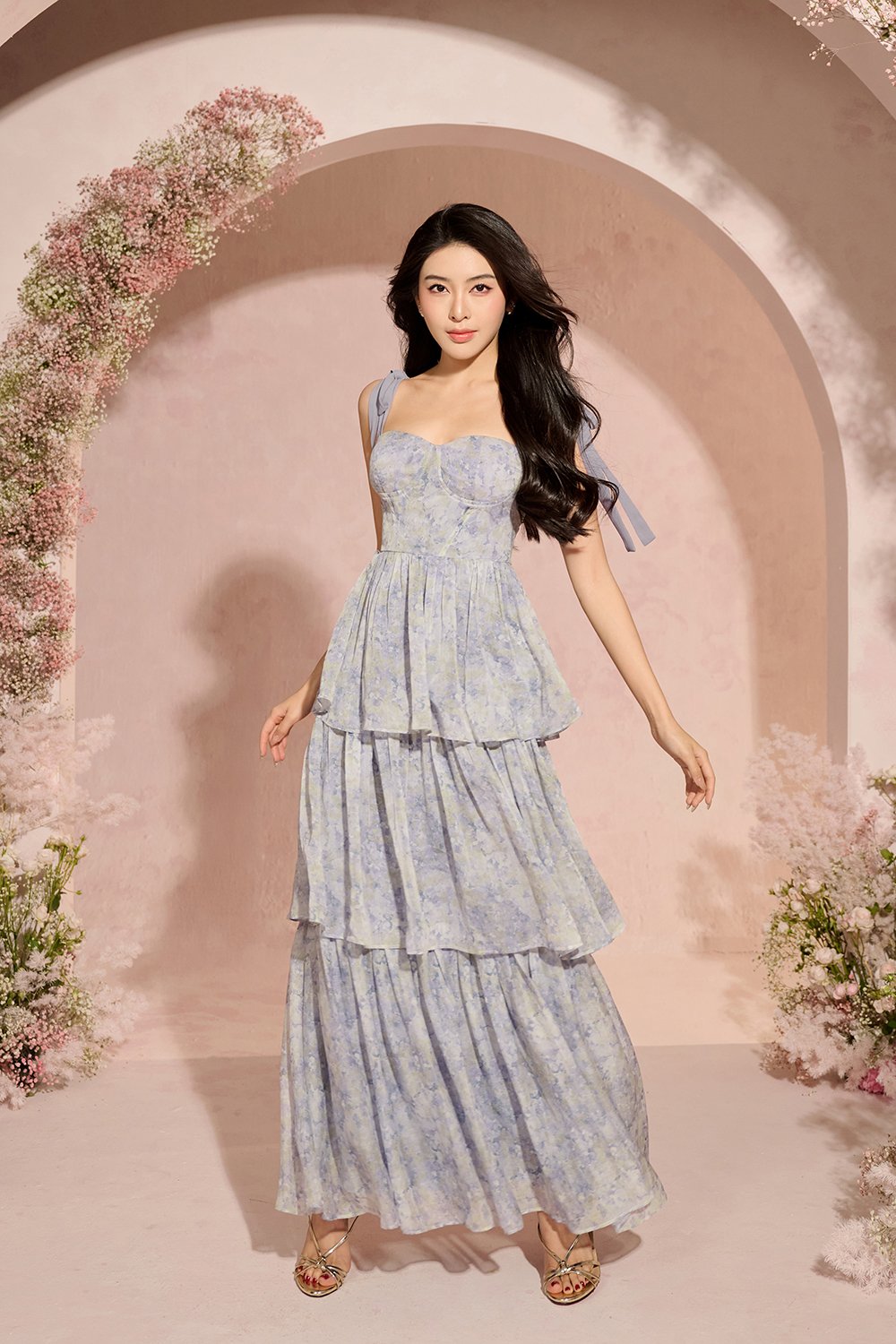 Coralie Sweetheart Chiffon Ribbon Straps Tiered Maxi Dress in Blue Meadow