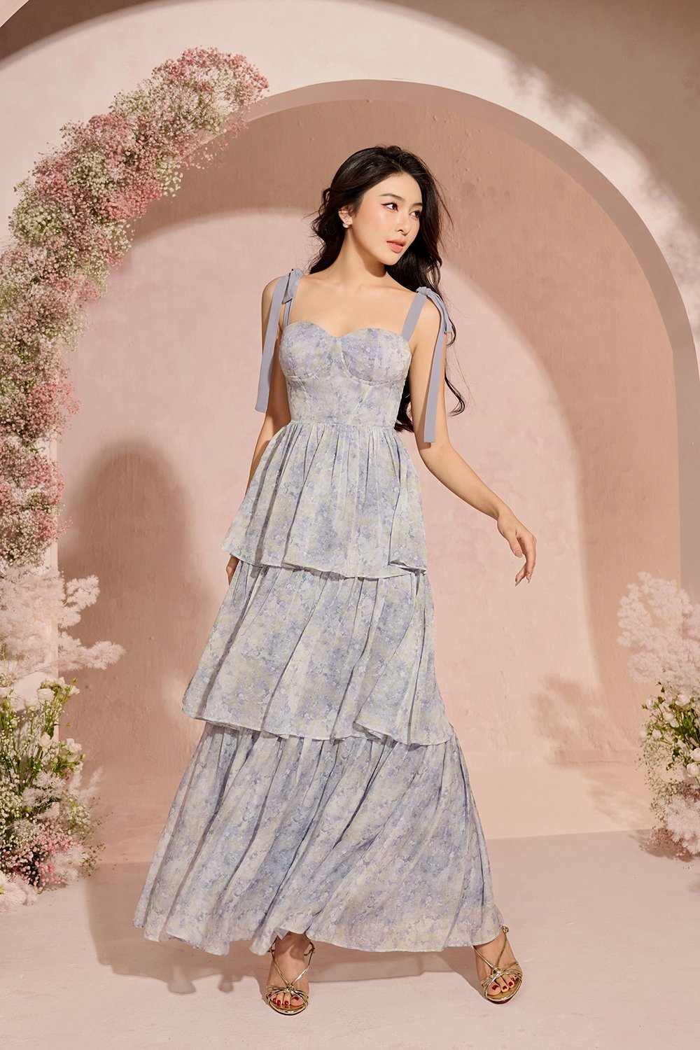 Coralie Sweetheart Chiffon Ribbon Straps Tiered Maxi Dress in Blue Meadow