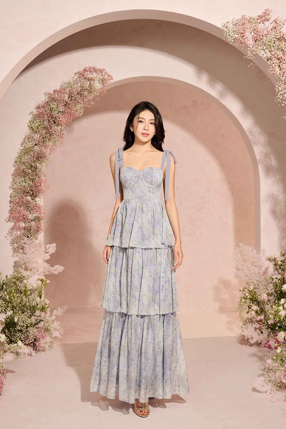 Coralie Sweetheart Chiffon Ribbon Straps Tiered Maxi Dress in Blue Meadow