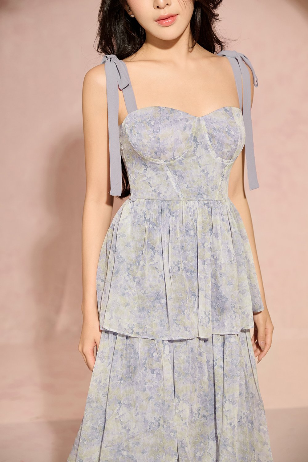 Coralie Sweetheart Chiffon Ribbon Straps Tiered Maxi Dress in Blue Meadow