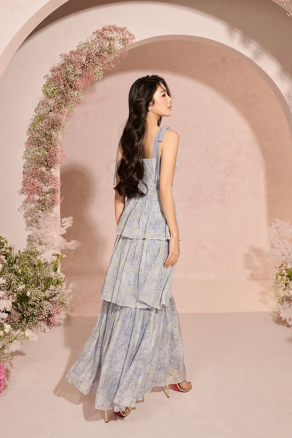 Coralie Sweetheart Chiffon Ribbon Straps Tiered Maxi Dress in Blue Meadow