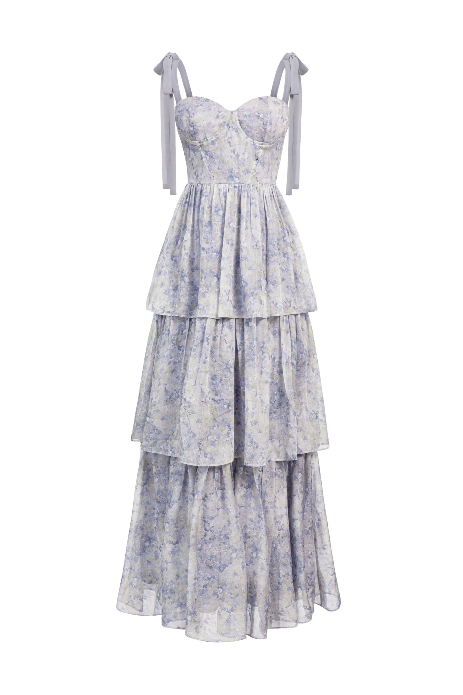 Coralie Sweetheart Chiffon Ribbon Straps Tiered Maxi Dress in Blue Meadow
