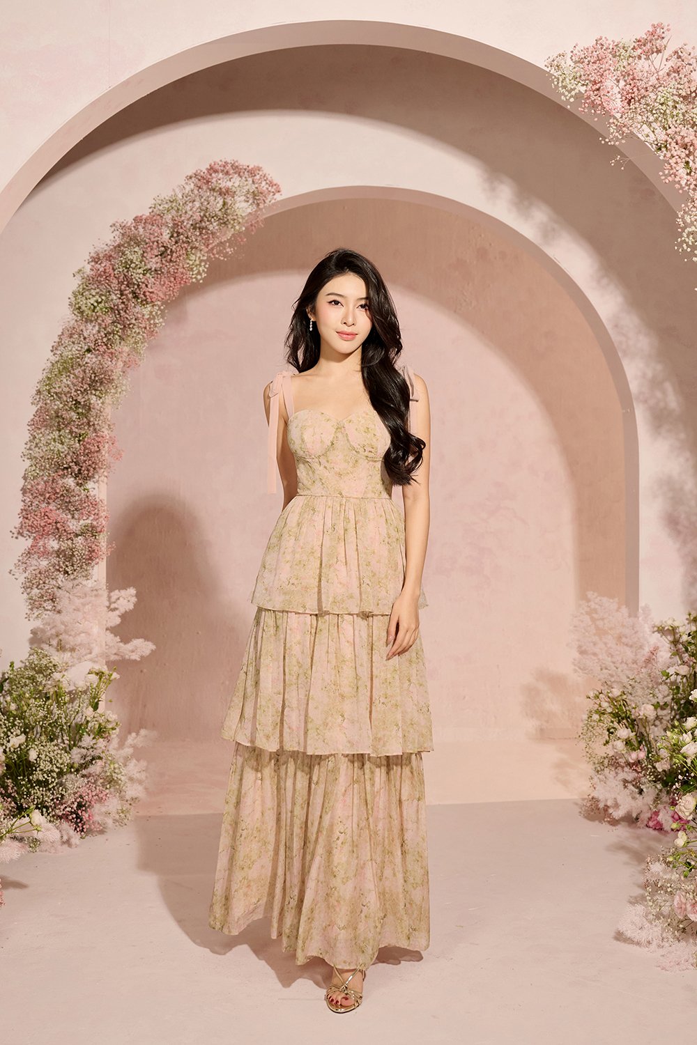 Coralie Sweetheart Chiffon Ribbon Straps Tiered Maxi Dress in Peach Meadow