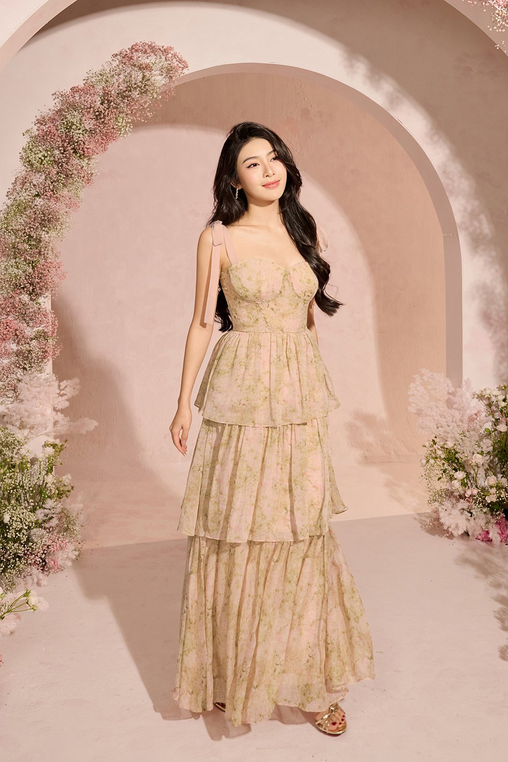 Coralie Sweetheart Chiffon Ribbon Straps Tiered Maxi Dress in Peach Meadow