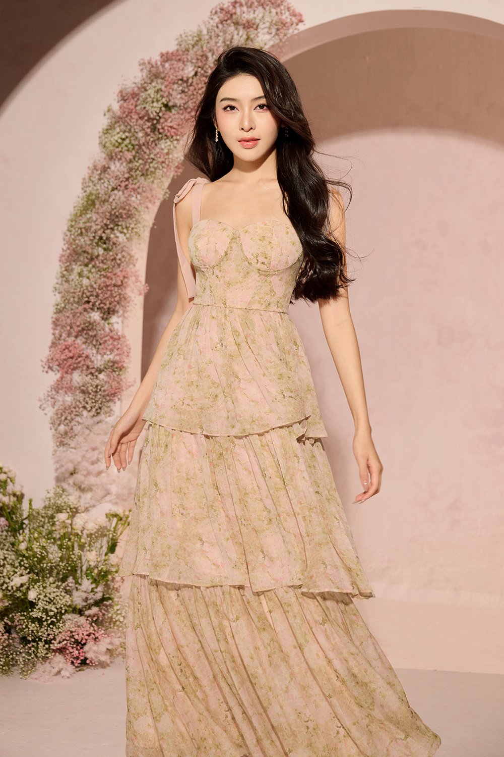 Coralie Sweetheart Chiffon Ribbon Straps Tiered Maxi Dress in Peach Meadow