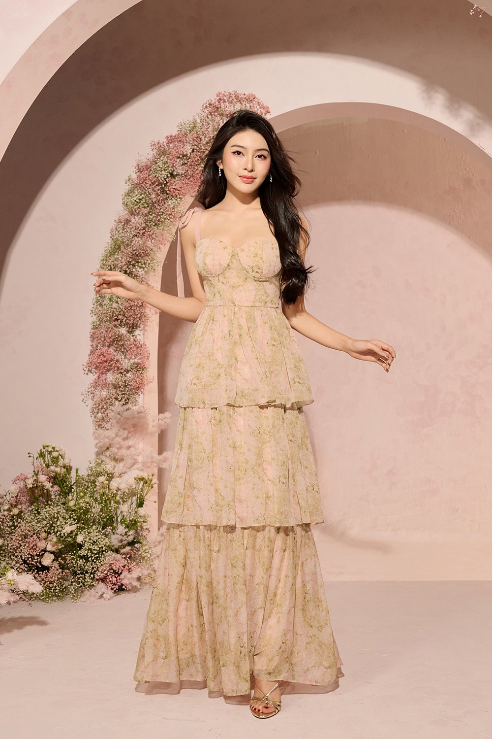 Coralie Sweetheart Chiffon Ribbon Straps Tiered Maxi Dress in Peach Meadow