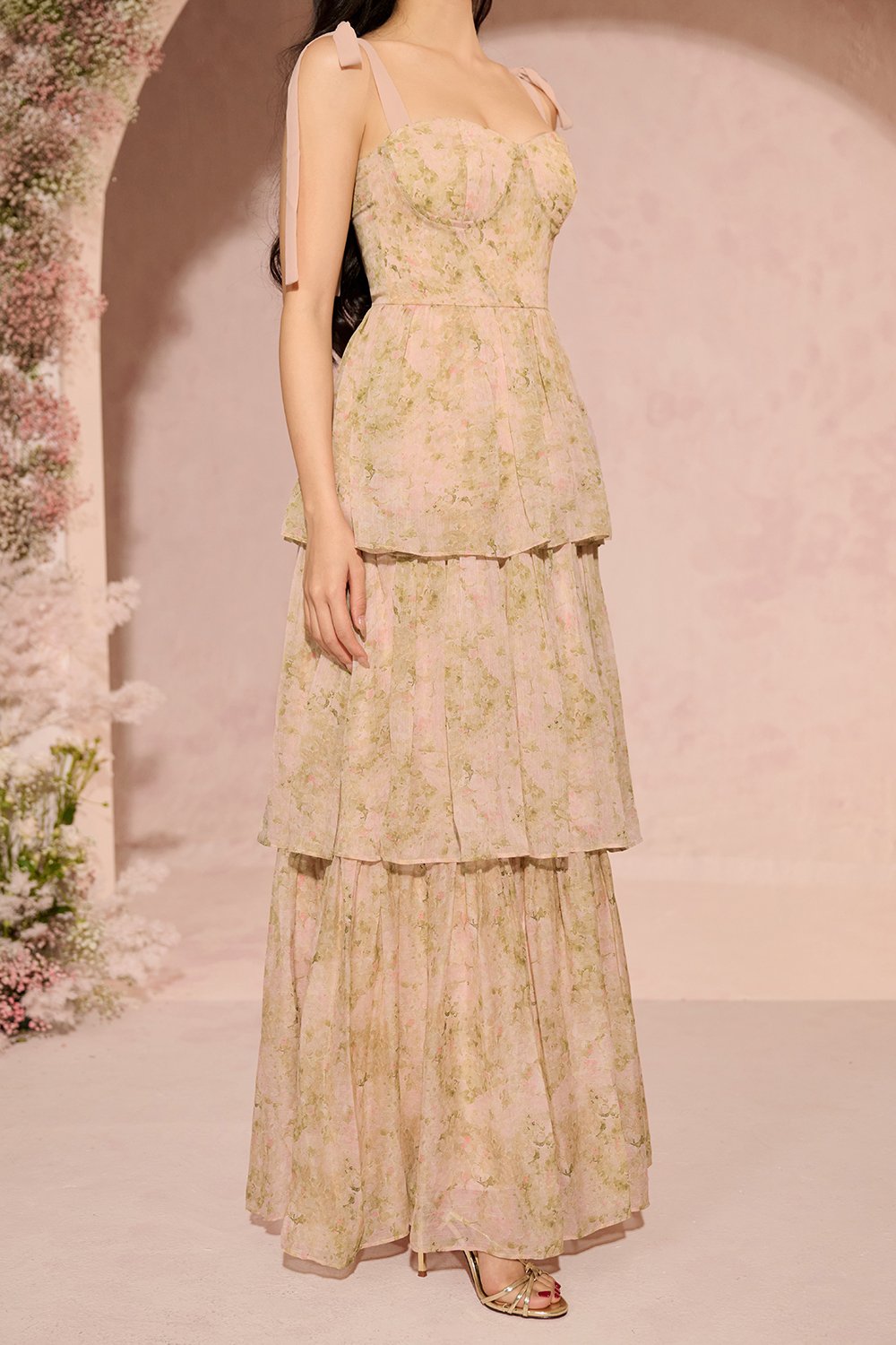 Coralie Sweetheart Chiffon Ribbon Straps Tiered Maxi Dress in Peach Meadow