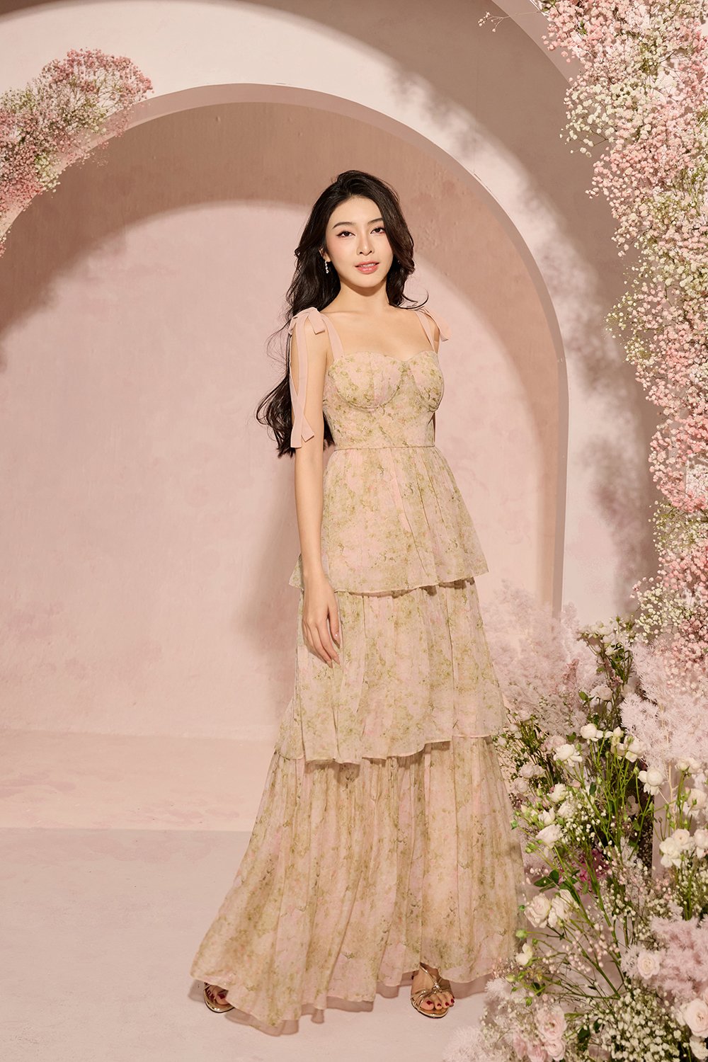 Coralie Sweetheart Chiffon Ribbon Straps Tiered Maxi Dress in Peach Meadow